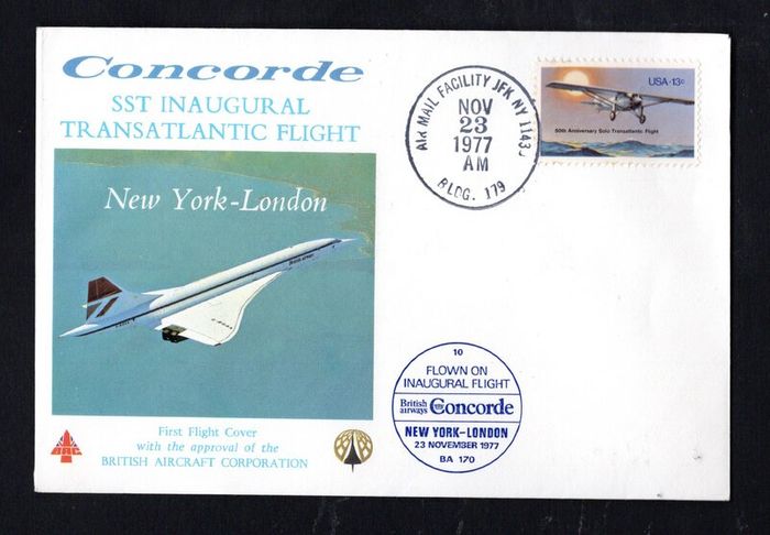 1977 USA Concorde Flight Cover for SST Inaugural Transatlantic Flight. New York to London cancelling 13 50th Anniversary Solo Transatlantic Flight with receiving cancel on the reverse