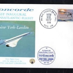 1977 USA Concorde Flight Cover for SST Inaugural Transatlantic Flight. New York to London cancelling 13 50th Anniversary Solo Transatlantic Flight with receiving cancel on the reverse