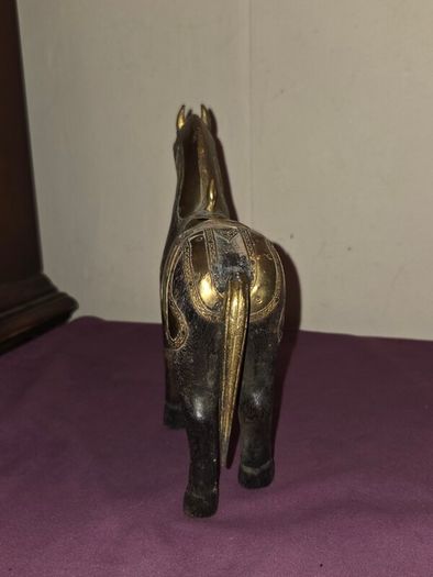 Vintage Hand Carved Wood and Brass Armor Horse Statue