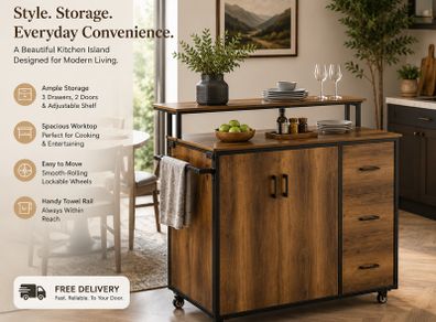 Kitchen Island Trolley with Storage Drawers and Wheels