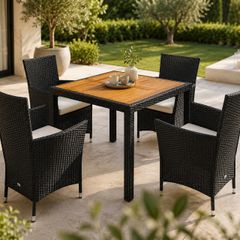 Garden Furniture Set Wooden Balcony Weatherproof 4 Person Polyrattan Acacia Outdoor 7cm Cushions