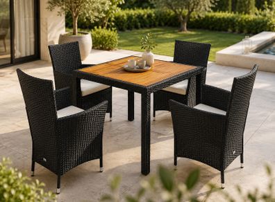 Garden Furniture Set Wooden Balcony Weatherproof 4 Person Polyrattan Acacia Outdoor 7cm Cushions