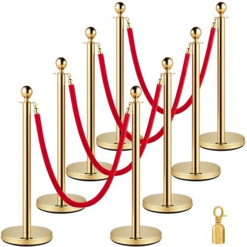 Crowd Control Stanchion, Set of 8 Pieces Stanchion Set, Stanchion Set with 5 ft/1.5 m Red Velvet Rope, Gold Crowd Control Barrier w/ Sturdy Concrete and Metal Base  Easy Connect Assembly