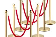 Crowd Control Stanchion, Set of 8 Pieces Stanchion Set, Stanchion Set with 5 ft/1.5 m Red Velvet Rope, Gold Crowd Control Barrier w/ Sturdy Concrete and Metal Base  Easy Connect Assembly