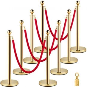 Crowd Control Stanchion, Set of 8 Pieces Stanchion Set, Stanchion Set with 5 ft/1.5 m Red Velvet Rope, Gold Crowd Control Barrier w/ Sturdy Concrete and Metal Base  Easy Connect Assembly