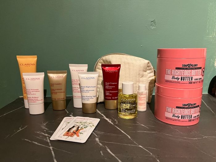 Bundle of Clarins Products with bag + 2 Soap and Glory Body Butter Tubs - Brand New