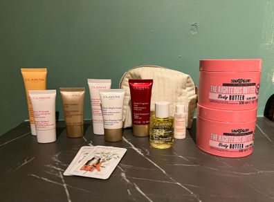 Bundle of Clarins Products with bag + 2 Soap and Glory Body Butter Tubs - Brand New