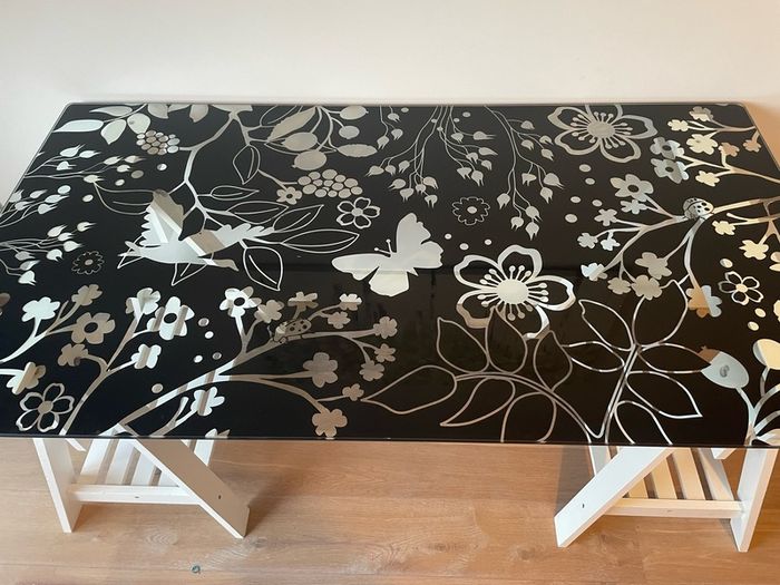 Glass Top Desk with Floral Design