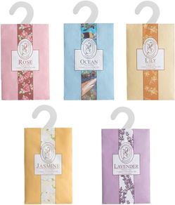 5 Sachets With Hanging Sachets For Wardrobe Closet Room Wardrobe Bathroom Cart, Aromatherapy Bag, Natural Mothproof Agent, Lasting Fragrance 20g (Jasmine, Rose, Lavender, Lily, Ocean)