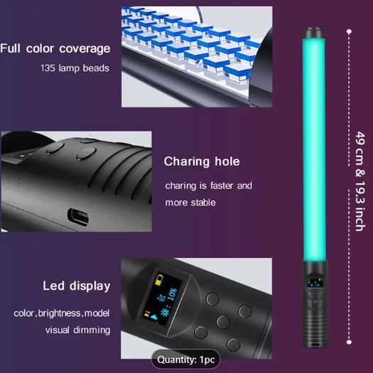 BTFOOR RGB LED Photography Light Wand - USB Rechargeable, Adjustable Brightness & Temperature, Colorful Video Stick for Studio & Party Lighting