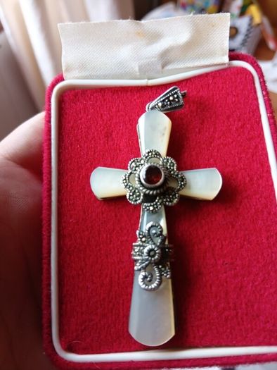 Unique item. Vintage Sterling Silver Mother of Pearl Cross. Hallmarked. Unique.