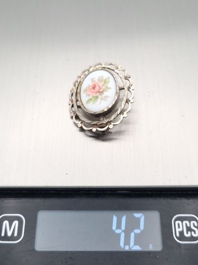 Hand Painted Porcelain Sterling Silver Brooch