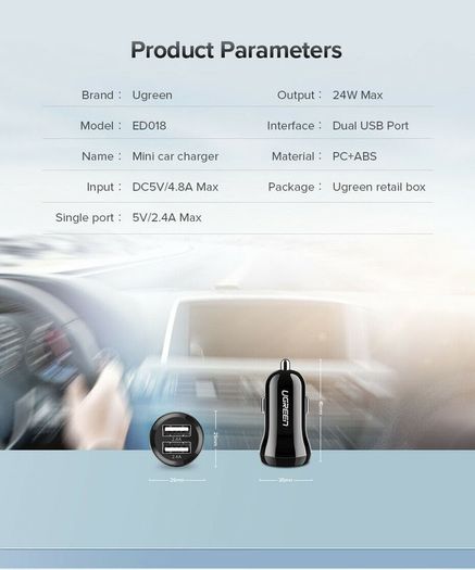 2 X Ugreen Mini Dual USB Car Fast Charger 4.8A/24W (Brand New/Warranty)