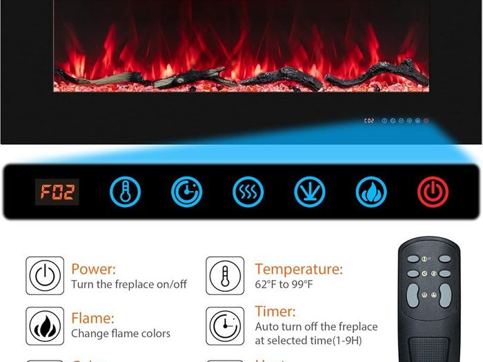 127cm Electric Fireplace Inserts, Recessed and Wall Mounted Fireplace Heater, Linear Fireplace/Thermostat, Remote & Touch Screen, Multicolor Flame, Timer, Log & Crystal, 750W/1500W