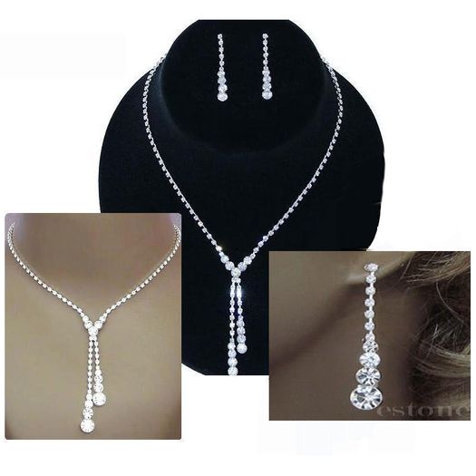 Wedding Bridal Prom Crystal Drop Silver Necklace Earrings Set