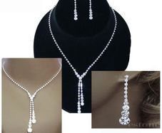 Wedding Bridal Prom Crystal Drop Silver Necklace Earrings Set