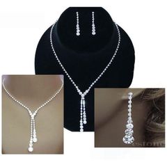 Wedding Bridal Prom Crystal Drop Silver Necklace Earrings Set