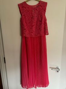 Coral Oasis pleated slip dress with lace over top