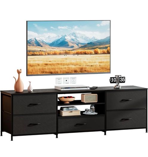 TV Stand Cabinet, TV Unit with 5 Drawers, 140 cm, All Black TV Console Table with Storage Organizers, Entertainment Center with Open Shelf for Living Room, Bedroom