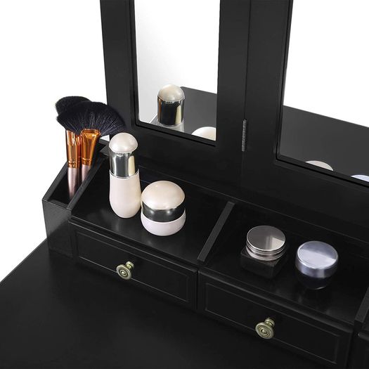 Dressing Table with 7 Drawers, Dressing Table with Padded Stool, 3-Piece Folding Mirror with Chain Hook, 4 Open Compartments, 2 Narrow Compartments for Brushes, Wooden Legs, Black