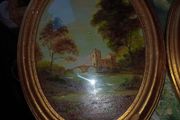 Pair Vintage Italian Oil Paintings in Oval Convex Glass Gilt Wood Frames.