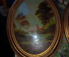 Pair Vintage Italian Oil Paintings in Oval Convex Glass Gilt Wood Frames.