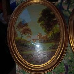Pair Vintage Italian Oil Paintings in Oval Convex Glass Gilt Wood Frames.