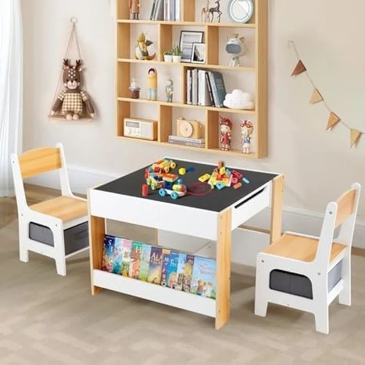 Kids Table and Chair Set, 4 in 1 Toddler Desk with Storage Drawer, Wooden Activity Table for 2 in 1 Detachable Tabletop,Bookshelf, Suitable for Classroom, Home, Nursery, Playroom