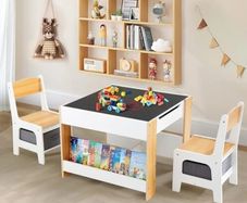 Kids Table and Chair Set, 4 in 1 Toddler Desk with Storage Drawer, Wooden Activity Table for 2 in 1 Detachable Tabletop,Bookshelf, Suitable for Classroom, Home, Nursery, Playroom