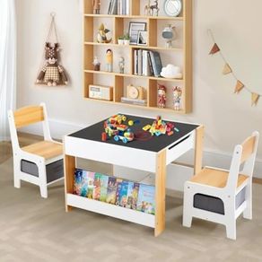 Kids Table and Chair Set, 4 in 1 Toddler Desk with Storage Drawer, Wooden Activity Table for 2 in 1 Detachable Tabletop,Bookshelf, Suitable for Classroom, Home, Nursery, Playroom