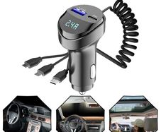 55W 2 Ports USB Fast Car Phone Charger 3.1A with Voltage Display Car Three In One USB Retractable Charging Cable