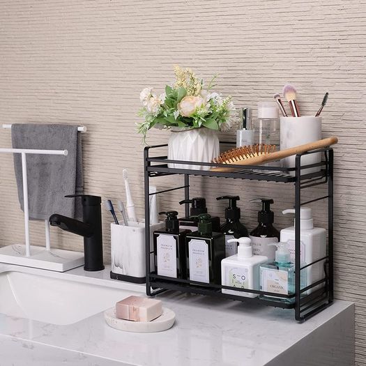 Bathroom Organizer Countertop, Metal 2-tier Bathroom Storage Shelves Tray Shower Caddy Kitchen Shelf for Bathroom Kitchen Office Organization, Black