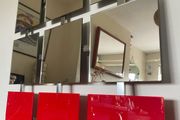 Unique Designer Vintage Bright Red and Mirrored Square Glass on a Welded Grid Frame