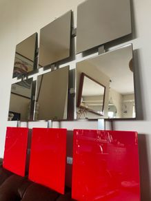 Unique Designer Vintage Bright Red and Mirrored Square Glass on a Welded Grid Frame