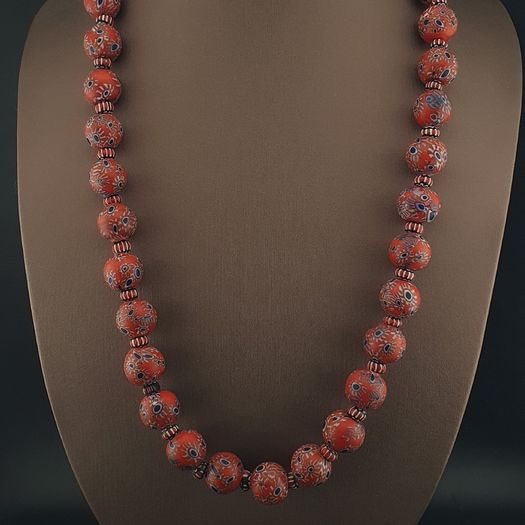 Antique Venetian Style Millefiori & Chevron Glass Beads Strands Necklace