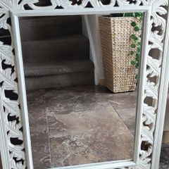 Antique Style White Mirror, Carved Wooden Wall for Home, Statement India in Vintage Style Floral Carving and Rustic White Color
