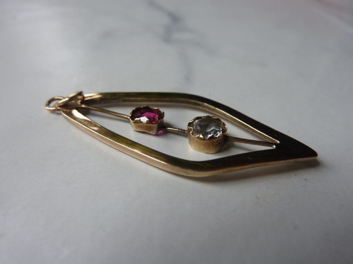 Modernist-style 9ct Gold Pendant, Pink and White Sapphire, London Hallmarked, Geometric Open Design