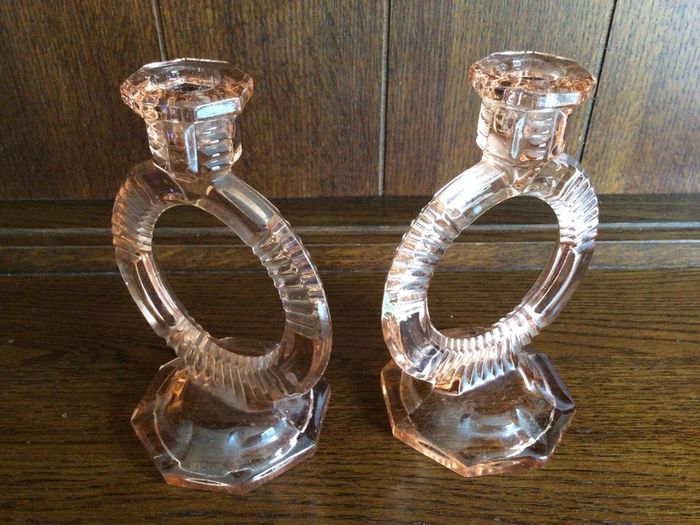Rare Vintage Art Deco Peach Glass Circular Candle Holders