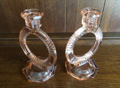 Rare Vintage Art Deco Peach Glass Circular Candle Holders