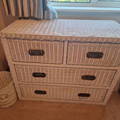 Wicker chest of drawers, table & bin