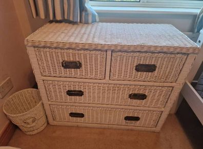 Wicker chest of drawers, table & bin