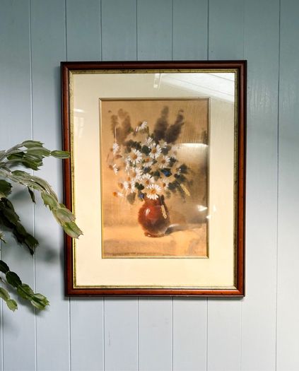 Original Vintage Watercolour Painting Still Life Daisies in Terracotta Vase Signed