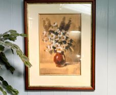 Original Vintage Watercolour Painting Still Life Daisies in Terracotta Vase Signed
