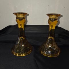 Pair of Art Deco Amber Glass Candleholders