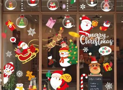 Christmas Window Stickers Reusable 275 Pcs Double Sided Window Cling 9 Sheets Santa Claus Balloon Snowman Reindeer Snowflake for Christmas Decorations (FREE POSTAGE)