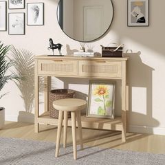 Console Table with 2 Drawers 2 Tier Entryway Table Farmhouse Wood Sofa Tables with Open Storage Shelf for Living Room Hallway Foye