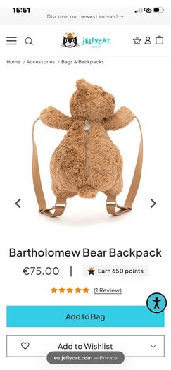 New JELLYCAT Bartholomew Bear Backpack