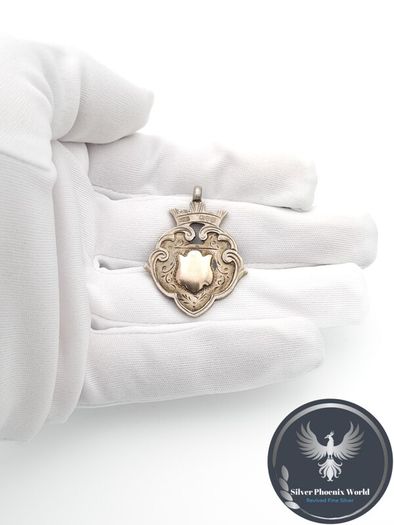Antique 925 Sterling Silver Heraldic Fob Pendant, Rose Gold Detail Shield, Chester 1920