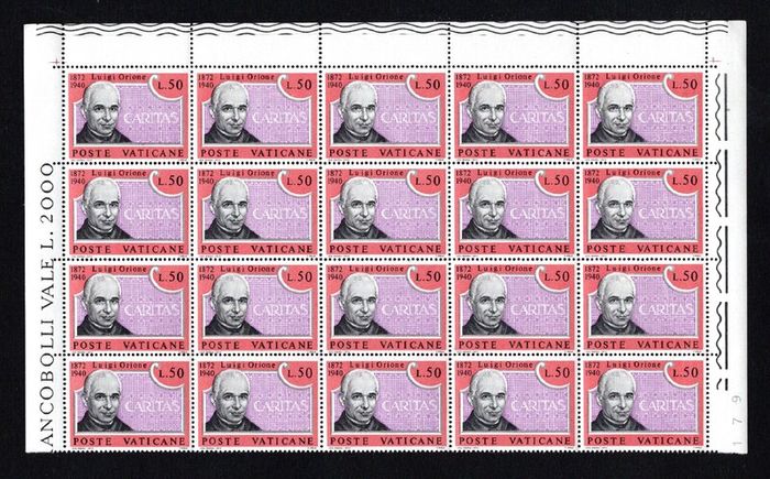 1972 Vatican City The 100th Anniversary of Don Luigi Orione and Lorenzo Perosis Commemorative Stamps Block of 20 Mint Never Hinged (MNH)