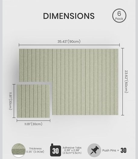 Cork Board Alternative, 6-Pack Felt Pin Board, Sage 90 x 60cm Notice Boards for Home, Fine-stripe 6-pack Vision Board with 30 Pushpins & 30 Adhesive Tabs for Office & Bedroom